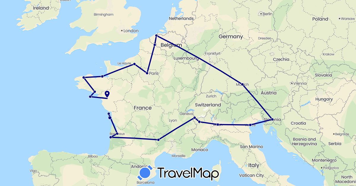 TravelMap itinerary: driving in Belgium, Germany, France, Italy, Slovenia (Europe)